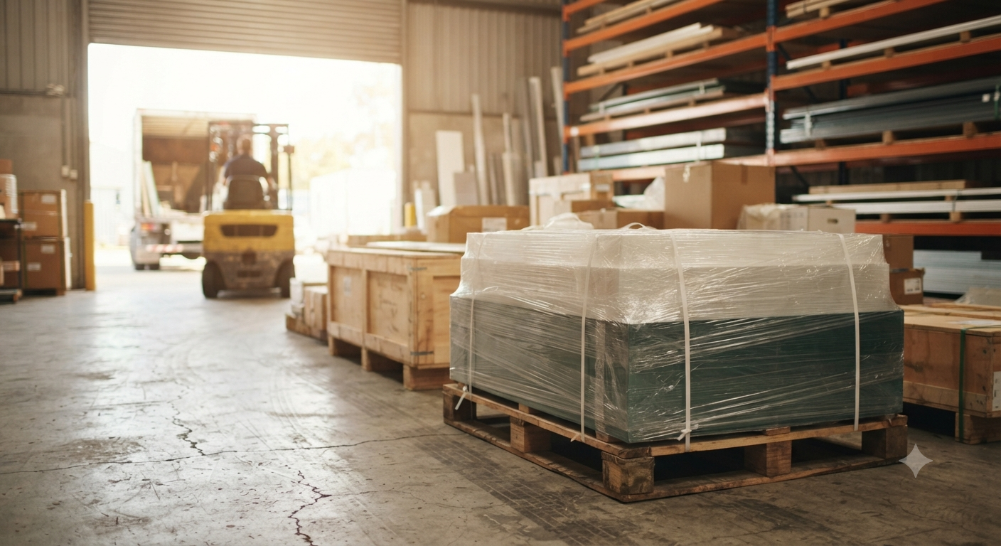 Shrink-wrapped pallet of acrylic sheets ready for dispatch in Shree Khodiyar Plastic's Ahmedabad warehouse, with a forklift loading a truck